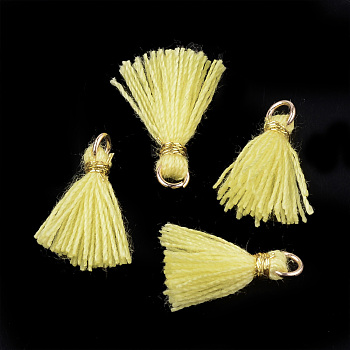 Polycotton(Polyester Cotton) Tassel Pendant Decorations, Mini Tassel, with Iron Findings and Metallic Cord, Light Gold, Yellow, 10~15x2~3mm, Hole: 1.5mm