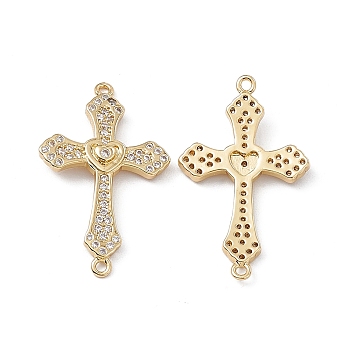 Rack Plating Brass Micro Pave Clear Cubic Zirconia Connector Charms, Lead Free & Cadmium Free, Religion Cross Links, Real 18K Gold Plated, 30.4x18x3mm, Hole: 1.2mm
