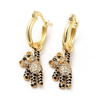 Cubic Zirconia Bear Dangle Hoop Earrings, Real 18K Gold Plated Brass Jewelry for Women, Black, 34mm, Pin: 0.8x1mm