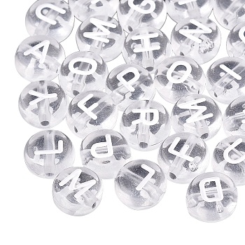 Transparent Acrylic Beads, Flat Round with White Mixed Letters, Clear, 7x4mm, Hole: 1.5mm, about 1480pcs/200g