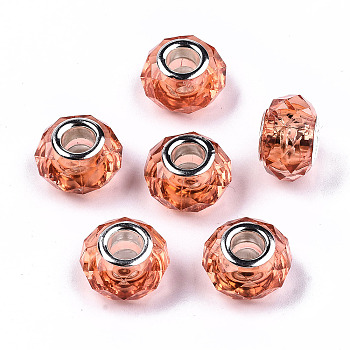 Transparent Resin European Beads, Imitation Crystal, Large Hole Beads, with Silver Tone Brass Double Cores, Faceted, Rondelle, Coral, 14x9.5mm, Hole: 5mm