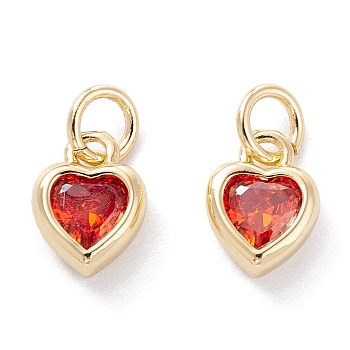 Brass inlaid Cubic Zirconia Pendants, with Jump Ring, Long-Lasting Plated, Heart, Real 18K Gold Plated, Coral, 9.5x7x3mm, Hole: 3.6mm