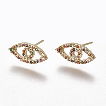 Brass Micro Pave Cubic Zirconia Studs Earrings, Eye, Colorful, 7x15x2.5mm, Pin: 0.7mm