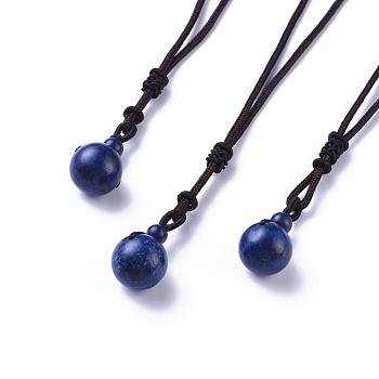 Natural Lapis Lazuli Pendant Necklaces, with Nylon Cord, Round, 27.55 inch(70cm)