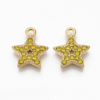 Golden Tone 304 Stainless Steel Pendants, with Rhinestone, Star, Citrine, 16x13x2mm, Hole: 1.8mm