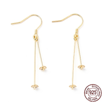 925 Sterling Silver Earring Hooks, with Double Peg Bails, for Half Drilled Beads, Real 18K Gold Plated, 42.5x4mm, 22 Gauge, Pin: 0.6mm and 0.7mm(for half drilled beads)