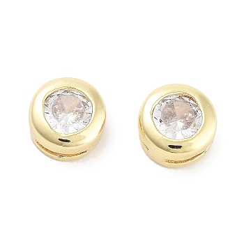 Brass with Single Cubic Zirconia Slide Charms, Flat Round, Real 18K Gold Plated, Clear, 5.5x3.5mm, Hole: 3x0.6mm