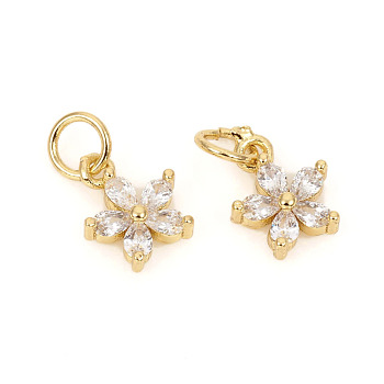 Brass Micro Pave Cubic Zirconia Charms, with Jump Rings, Flower, Clear, Golden, 9.5x7.8x2.5mm, Jump Rings: 4.8x0.8mm, 3.2mm Inner Diameter