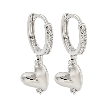 Heart Brass Micro Pave Clear Cubic Zirconia Huggie Hoop Dangle Earrings for Women, Platinum, 24x9mm