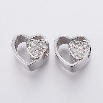 Brass Micro Pave Cubic Zirconia European Beads, Large Hole Beads, Hollow, Heart, Clear, Platinum, 10.5x10.5x7.5mm, Hole: 4.5mm