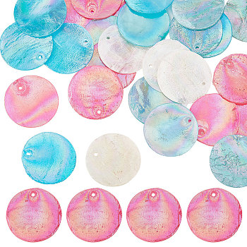 40Pcs 4 Colors AB Color Plated Natural Capiz Shell Pendants, Dyed, Flat Round Charm, Mixed Color, 24~25x1~2mm, Hole: 1.5mm, 10pcs/color