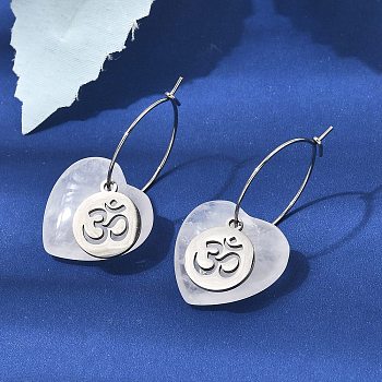 Natural Quartz Crystal & 304 Stainless Steel Hoop Earrings for Women, Flat Round with Hindu Aum Om Symbol Pattern & Heart, Stainless Steel Color, 35x20mm