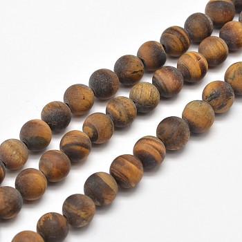 Frosted Natural Tiger Eye Round Bead Strands, 8mm, Hole: 1mm, about 48pcs/strand, 15.5 inch