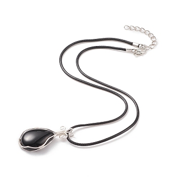 Natural Obsidian Teardrop Pendant Necklaces Set with Waxed Cords for Women, 17.91 inch(45.5cm)