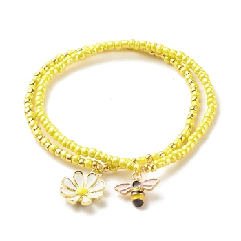 2Pcs Glass Seed Beaded Stretch Bracelets Set, Alloy Enamel Bees & Flower Charm Bracelet for Women, Yellow, Inner Diameter: 2-1/8~2-1/4 inch(5.5~5.6cm), 1Pc/style