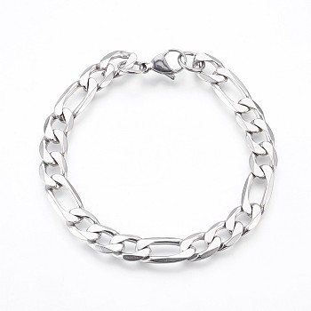 304 Stainless Steel Figaro Chain Bracelets, with Lobster Claw Clasps, Stainless Steel Color, 8-1/8 inch(20.7cm), 8.5mm