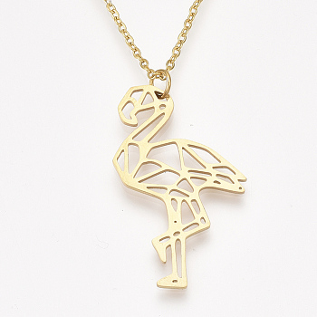 201 Stainless Steel Pendant Necklaces, with Cable Chains, Flamingo Shape, Golden, 17.5 inch~17.9 inch(44.5~45.5cm), 1.5mm, Flamingo: 32x22x1mm