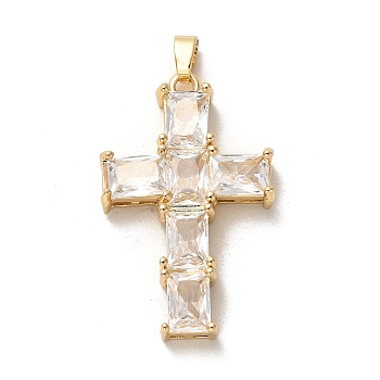 Brass Pendants, with Glass, Long-Lasting Plated, Cross, Golden, 33.5x21x5.5mm, Hole: 5x3mm