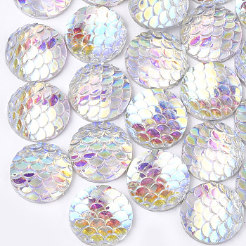 Resin Cabochons, AB-Color, Flat Round with Mermaid Fish Scale, Clear AB, 12x3mm