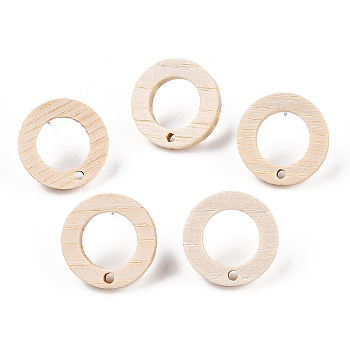 Ash Wood Stud Earring Findings, with 304 Stainless Steel Pin, Round, 18mm, Hole: 1.6mm, Pin: 0.7mm