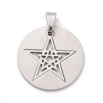 Flat Round with Star 201 Stainless Steel Pendants, Stainless Steel Color, 31x31x1.5mm, Hole: 4x9mm