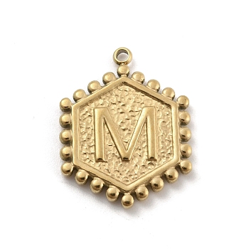 201 Stainless Steel Pendants, Golden, Hexagon with Letter Charm, Letter M, 21x16.5x2mm, Hole: 1.5mm