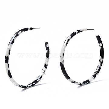 Cellulose Acetate(Resin) Half Hoop Earrings, with 304 Stainless Steel Pin, Round, Black, 58~65x4mm, Pin: 0.7mm(KY-S163-379B-01)