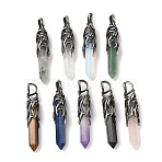Natural & Synthetic Mixed Gemstone Pendants, Faceted Bullet Charms with Brass Dragon Wings, Antique Silver, Mixed Dyed and Undyed, 45~47x8.5~9mm, Hole: 6~6.5x4~4.5mm(G-H332-10AS)