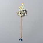 Chinese Style Brass Enamel Peacock Pendant Bookmarks, Long Iron Chain Bookmark, Golden, 204mm(AJEW-WH0401-13)