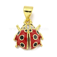 Rack Plating Brass Micro Pave Clear Cubic Zirconia with Enamel Pendant, Cadmium Free & Lead Free, Long-Lasting Plated, Ladybugs, Real 18K Gold Plated, 13x12x5mm, Hole: 5x3.5mm(X-KK-B091-37G-01)