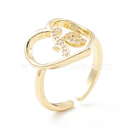 Clear Cubic Zirconia Heart with Rose Cuff Ring, Wide Hollow Open Ring for Women, Cadmium Free & Lead Free, Real 18K Gold Plated, US Size 6 1/2(16.9mm)(RJEW-K235-04G)