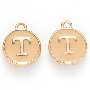 Golden Plated Alloy Enamel Charms, Cadmium Free & Lead Free, Enamelled Sequins, Flat Round with Letter, Wheat, Letter.T, 14x12x2mm, Hole: 1.5mm(ENAM-S118-06T)