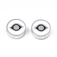 304 Stainless Steel Beads, Laser Cut, with Enamel, White, Flat Round with Eye, Stainless Steel Color, 9.5x3mm, Hole: 2mm(STAS-S080-020P)