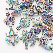 Plated Alloy Bead Cage Pendants, Mixe Shape, Colorful, 22~43x11~34x6.5~18mm, Hole: 3~4x3.5~4.5mm, Inner Measure: 8~25x8~21.5mm(PALLOY-S119-096)