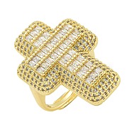 Cross Brass with Cubic Zirconia Open Cuff Rings, for Women, Lead Free & Cadmium Free, Real 18K Gold Plated, White, Inner Diameter: 17.5mm, cross: 30.5x21.5mm.(RJEW-U011-09G-01)