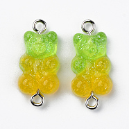 Transparent Resin Links, with Glitter Powder and Platinum Tone Iron Loops, Bear, Yellow Green, 24~25x11x7mm, Hole: 1.8mm(RESI-R429-32H)