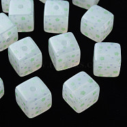Printed Acrylic Beads, Square with Flower Pattern, Light Green, 16x16x16mm, Hole: 3mm(MACR-S374-11C-04)