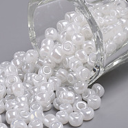 (Repacking Service Available) Glass Seed Beads, Ceylon, Round, White, 6/0, 4mm, Hole: 1.5mm, about 12g/bag(SEED-C020-4mm-141)