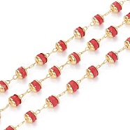 3.28 Feet Handmade Glass Beaded Chains, with Brass Findings, Long-Lasting Plated, Rondelle, Faceted, Soldered, Golden, Red, 4mm(X-KK-I647-13B)