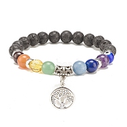 Natural Lava Rock & Mixed Stone Stretch Bracelet with Lampwork Evil Eye, 7 Chakra Bracelet with Alloy Tree of Life Charms for Women, Inner Diameter: 2 inch(5.2cm)(BJEW-JB08321-03)