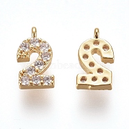 Brass Micro Pave Clear Cubic Zirconia Charms, Number, Golden, Num.2, 9.5~10x4~6.5x2mm, Hole: 0.8mm(ZIRC-L075-60A-02G)