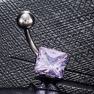 Piercing Jewelry, Brass Cubic Zirconia Navel Ring, Belly Rings, with 304 Stainless Steel Bar, Lead Free & Cadmium Free, Rhombus, Platinum, Lilac, 20x11mm, Bar: 15 Gauge(1.5mm), Bar Length: 3/8"(10mm)(AJEW-EE0006-27D)