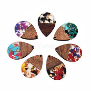 Transparent Resin & Walnut Wood Pendants, with Gold Foil, Teardrop Charm, Mixed Color, 36x24.5x3mm, Hole: 2mm(RESI-N025-028-A)