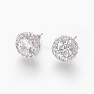 Cubic Zirconia Stud Earrings, with Brass Findings, Oval, Clear, Platinum, 12x12x7mm, Pin: 0.8mm(EJEW-P167-07P)