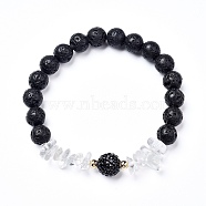 Stretch Bracelets, with Natural Lava Rock Round Beads & Quartz Crystal Chips Beads, Brass Beads and Rhinestone Pave Disco Ball Beads, Jet, Inner Diameter: 2 inch(5.2cm)(BJEW-JB05312-04)