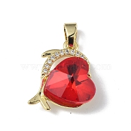 Real 18K Gold Plated Rack Plating Brass Micro Pave Clear Cubic Zirconia Pendants, with Glass, Long-Lasting Plated, Cadmium Free & Lead Free, Dolphin with Heart Charm, Red, 20.5x17x8mm, Hole: 5.5x3.5mm(KK-C015-22G-06)
