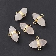 Natural Rose Quartz Double Terminal Pointed Connector Charms, Faceted Bullet Links, with Rack Plating Gloden Tone Brass Findings, Cadmium Free & Lead Free, 19x15.5x9mm, Hole: 2mm(G-P491-11G-05)