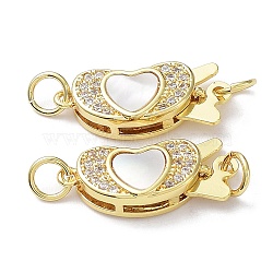 Rack Plating Brass Micro Pave Clear Cubic Zirconia Box Clasps, with Natural Shell, 1-Strand, 2-Hole, Long-Lasting Plated, Lead Free & Cadmium Free, Bean with Heart, Real 18K Gold Plated, 8.5x20x4mm, Hole: 3.4mm(KK-F858-02G)