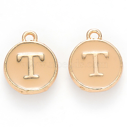 Golden Plated Alloy Enamel Charms, Cadmium Free & Lead Free, Enamelled Sequins, Flat Round with Letter, Wheat, Letter.T, 14x12x2mm, Hole: 1.5mm(ENAM-S118-06T)