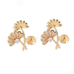 Brass Micro Pave Clear Cubic Zirconia Stud Earring Findings, for Half Drilled Beads, Nickel Free, Flower, Real 18K Gold Plated, 15x13mm, Pin: 0.6mm, pin: 0.6mm, pin: 0.6mm(for half drilled beads)(KK-S364-037)